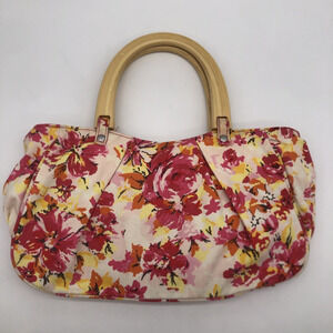 Old Navy Hobo Purse Canvas Floral Handbag Summer Wood Handle Floral Cottage